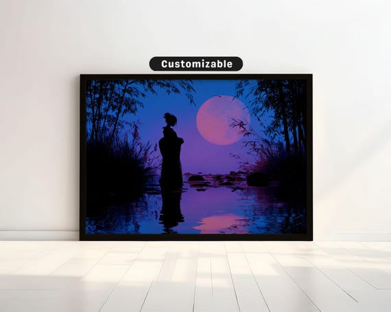 Geisha Silhouette Reflected In Water Under Moonlight Japanese Wall Art Print Zen Asian Decor