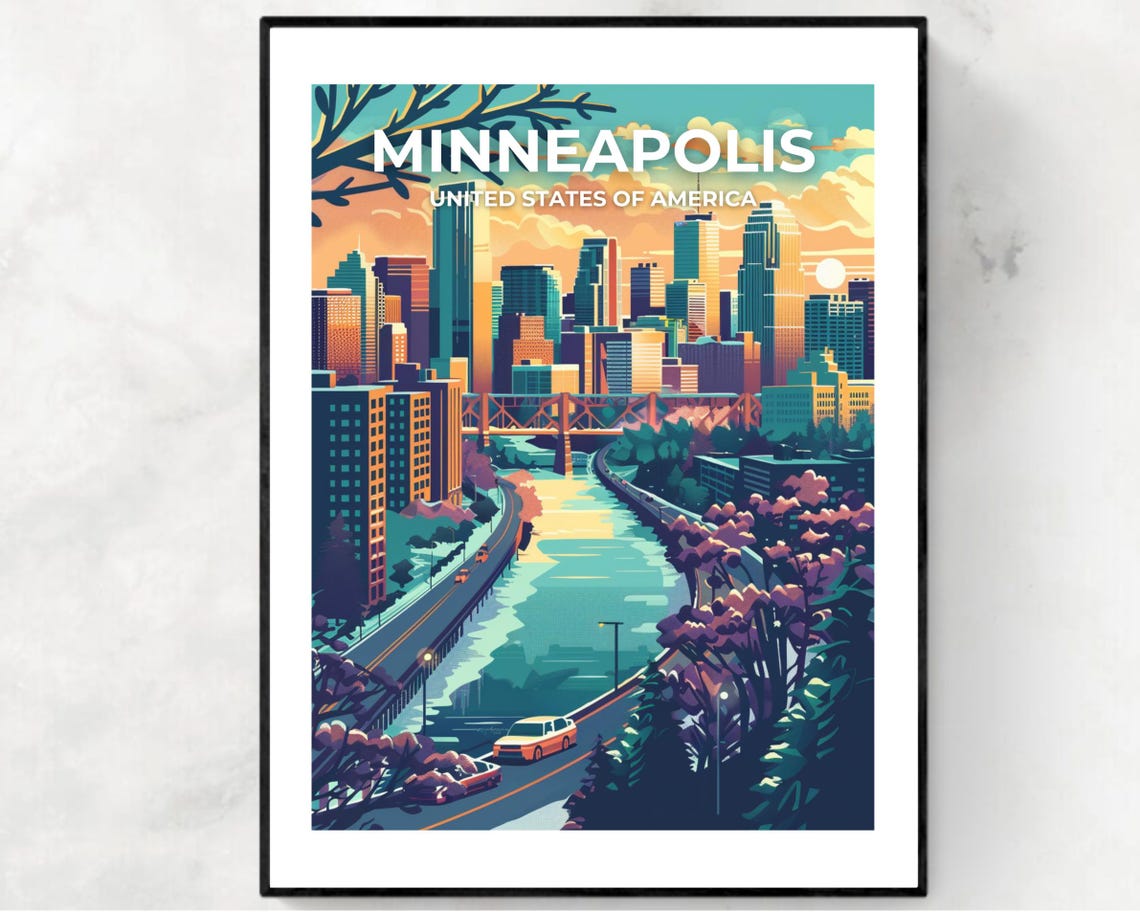 Minneapolis Minnesota Downtown Skyline Sunset Retro Travel Poster