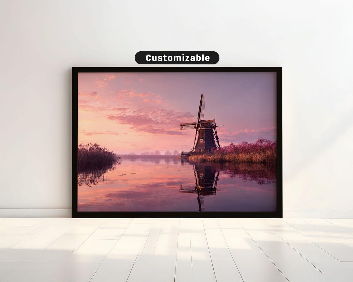 Dutch Windmill By Calm Canal Pink Sunset Holland Travel Poster
