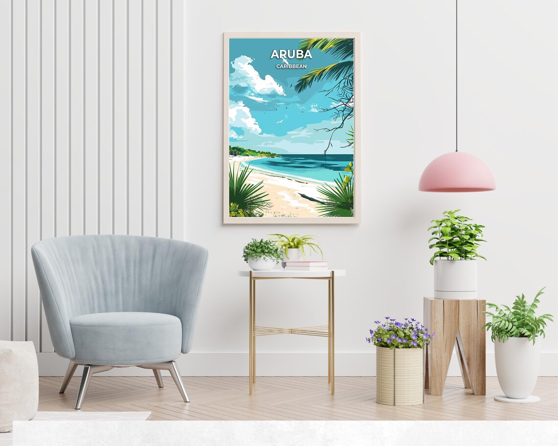 Aruba Caribbean Turquoise Shoreline Under Palm Fringed Sky Poster - Image 2