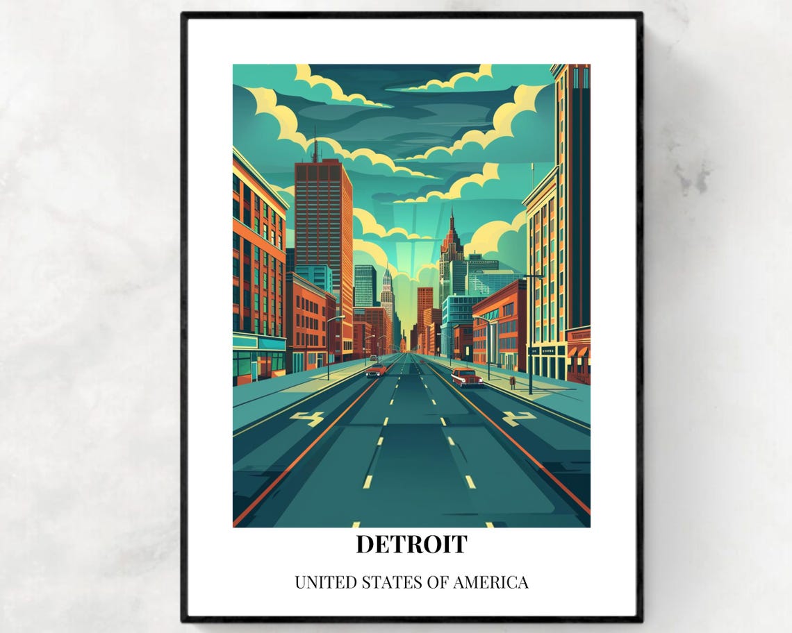 Detroit Michigan Downtown Avenue Skyline Vintage Travel Poster
