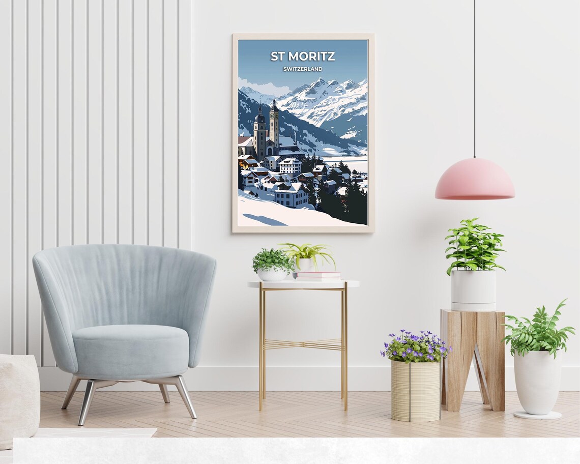 St Moritz Switzerland Snowy Village Church Mountain View Poster - Image 2