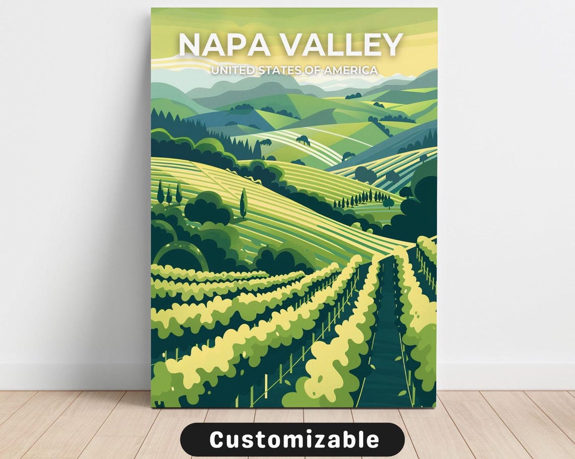 Napa Valley Rolling Vineyards Green Retro Wine Travel Poster