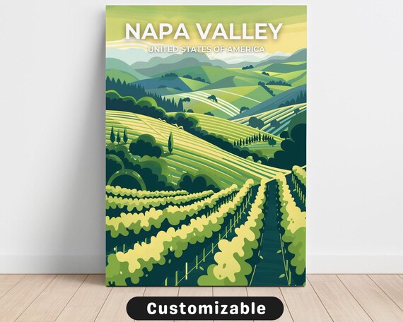 Napa Valley Rolling Vineyards Green Retro Wine Travel Poster