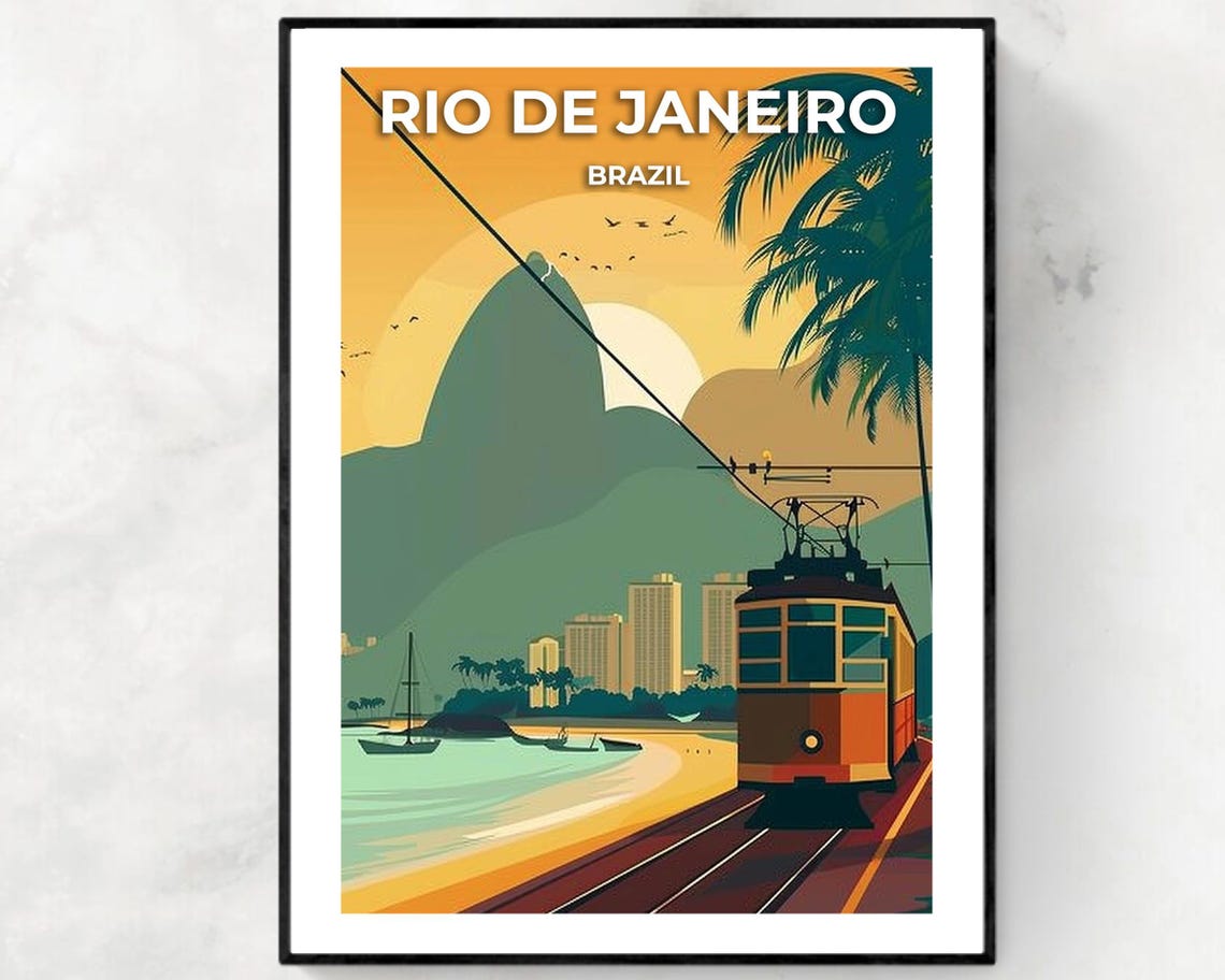 Rio de Janeiro Brazil Vintage Tram Poster with Sugarloaf at Sunset