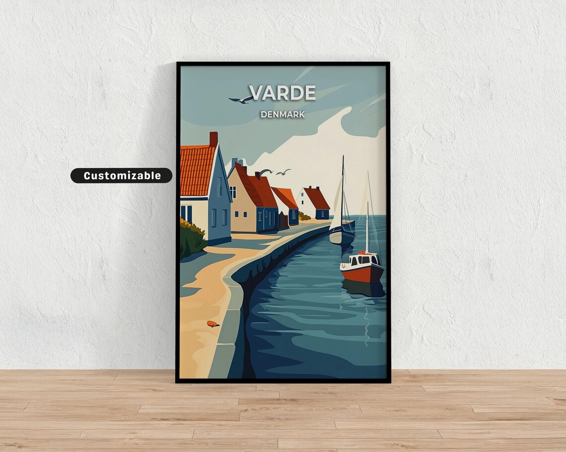 Varde Denmark Quayside Houses Fishing Boat Calm Water Travel Poster