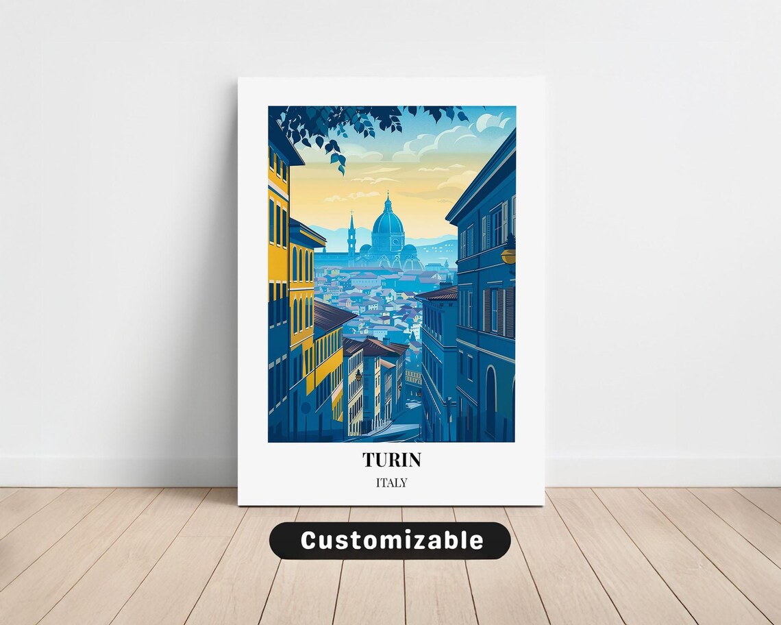 Turin Italy Street View Domed Cathedral Golden Sunset Travel Poster