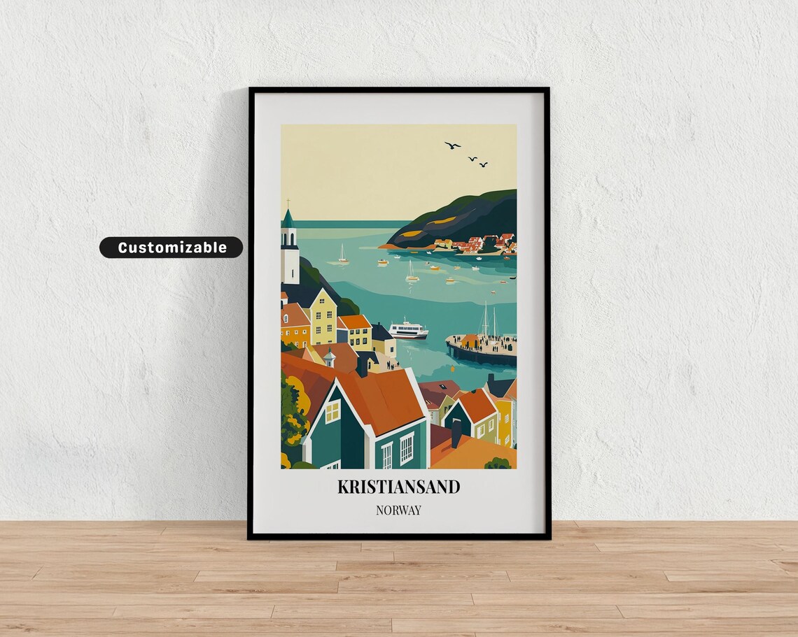 Kristiansand Norway Coastal Harbor Boats Old Town Travel Poster