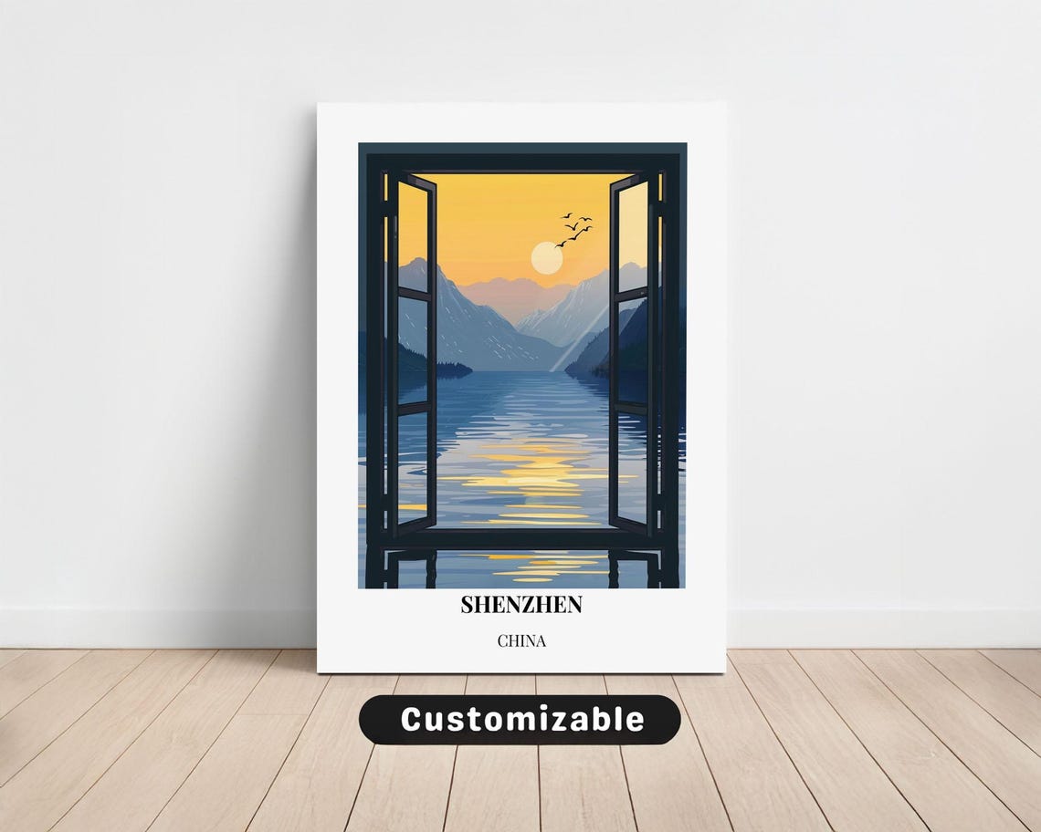 Shenzhen China Travel Art Open Window Lake Sunset View Poster