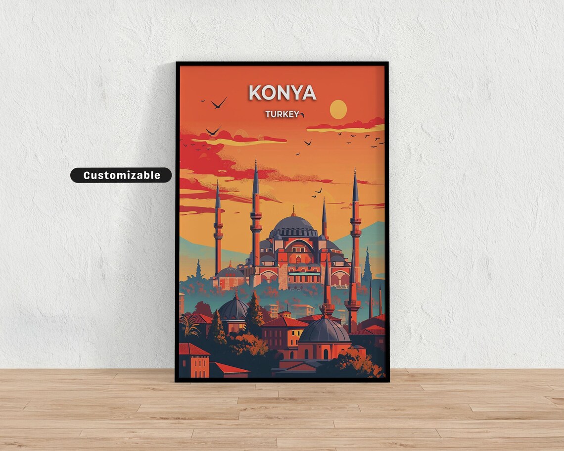 Konya Turkey Grand Mosque Minarets Sunset Vintage Travel Poster