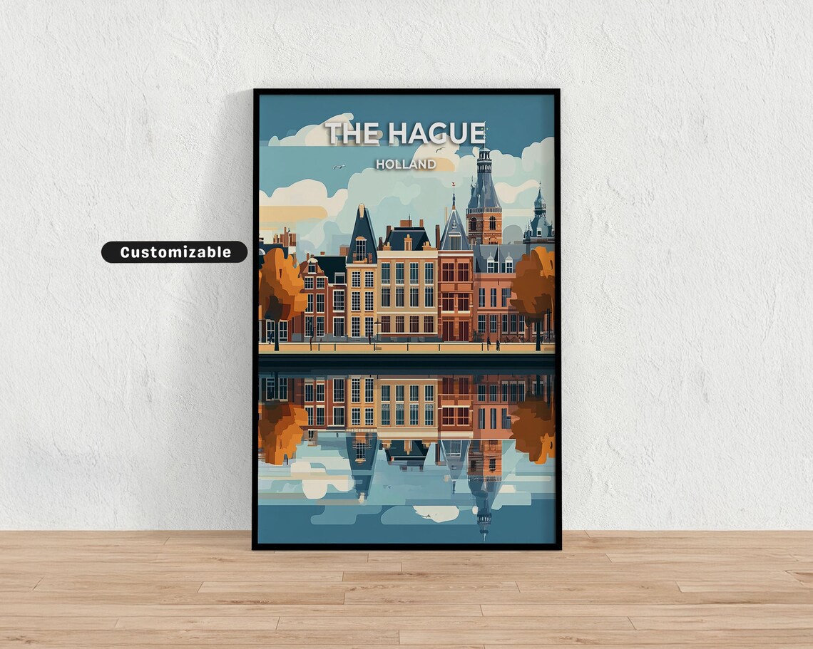 The Hague Holland Waterfront Buildings Reflection Travel Poster