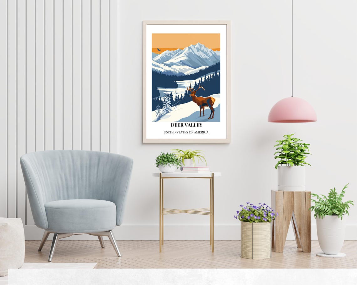 Deer Valley Utah Majestic Elk Alpine Snow Scene Vintage Travel Poster - Image 2