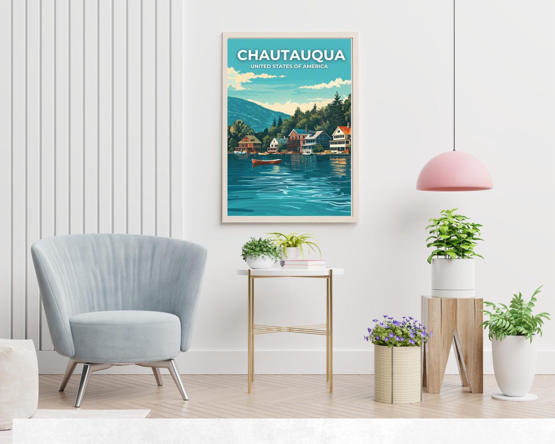 Chautauqua New York Lake Cottages Rowboat Top Title Travel Poster - Image 2