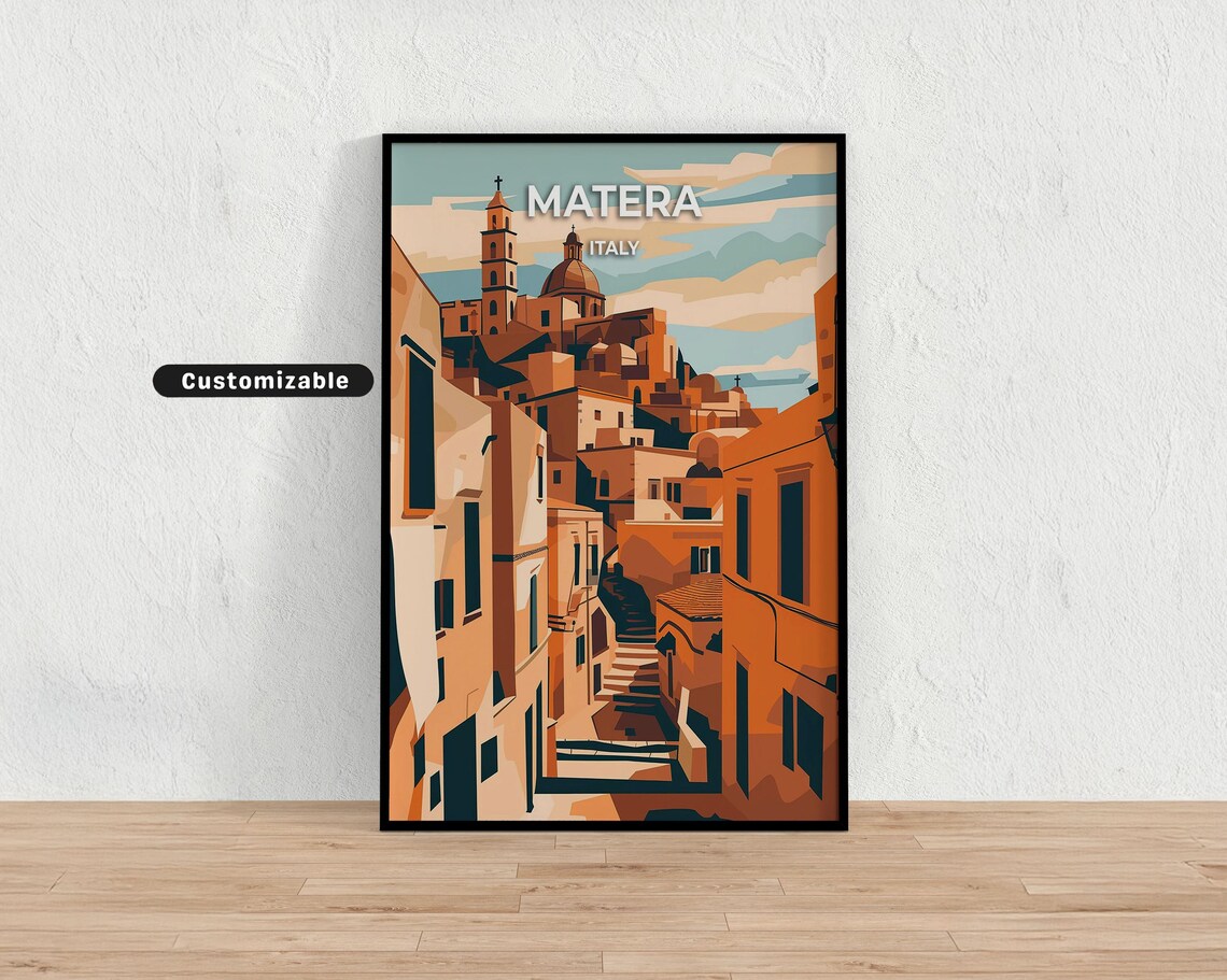 Matera Italy Travel Poster with Historic Old Town Street Scene Art