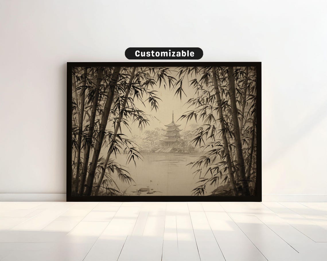 Wind Through Bamboo Leaves With Distant Pagoda Japanese Wall Art Print Zen Asian Decor