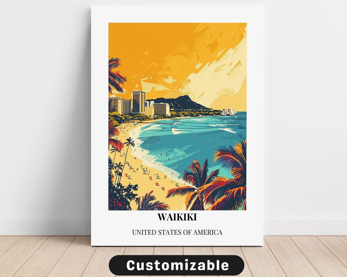 Waikiki Beach Hawaii Custom Canvas Travel Poster Tropical Decor
