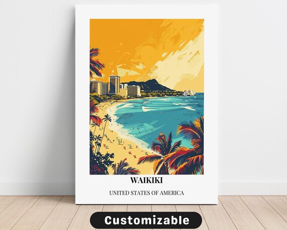 Waikiki Beach Hawaii Custom Canvas Travel Poster Tropical Decor