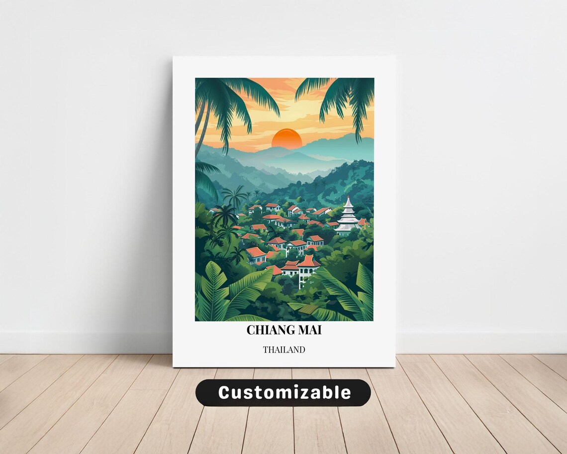 Chiang Mai Thailand Travel Poster Village Temple Sunset Palms
