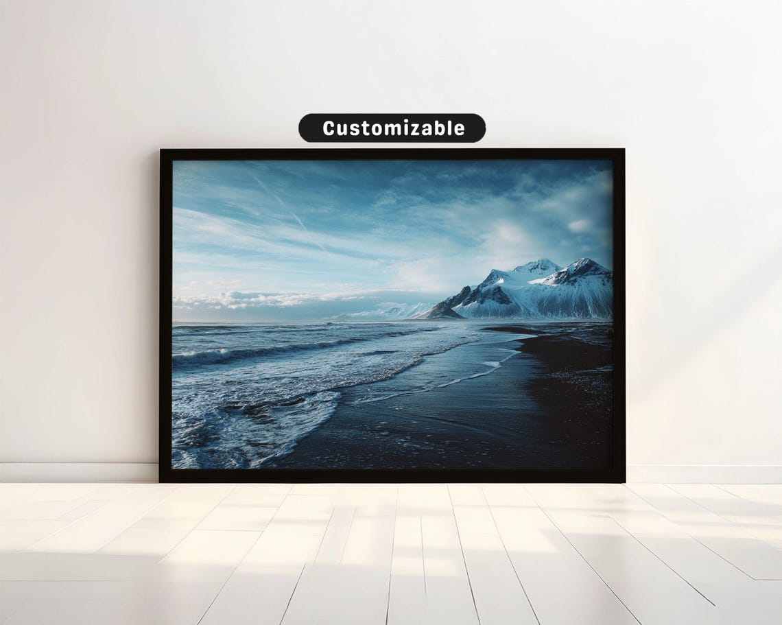 Black Sand Beach Snowy Mountains Arctic Winter Coast Photo Poster