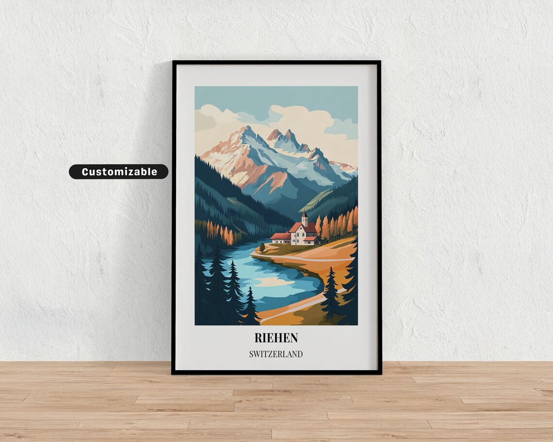 Riehen Switzerland Mountain Lake Church Travel Poster Alpine Scene Art
