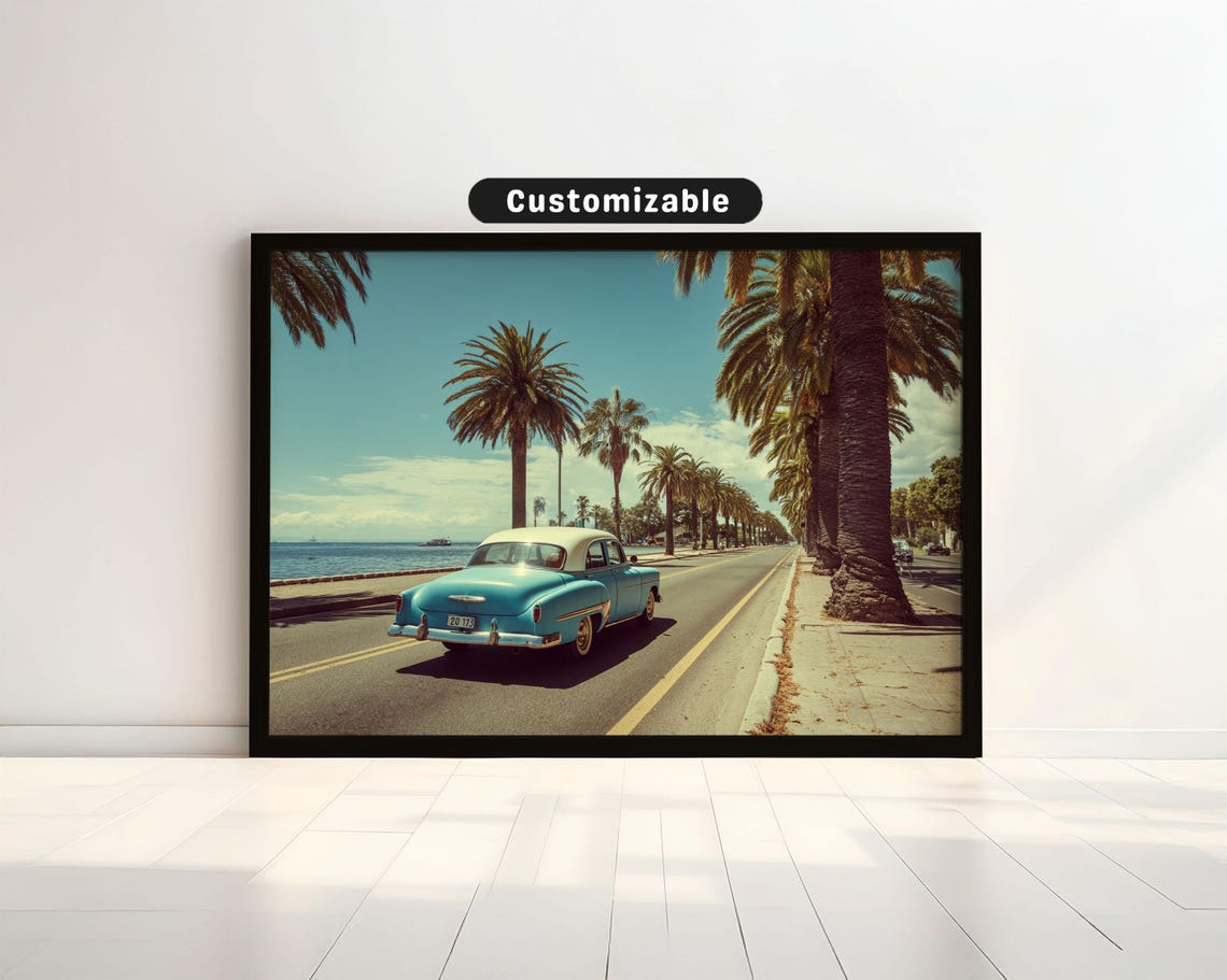 Vintage Blue Classic Car Palm Lined Coastal Scenic Road Art Poster