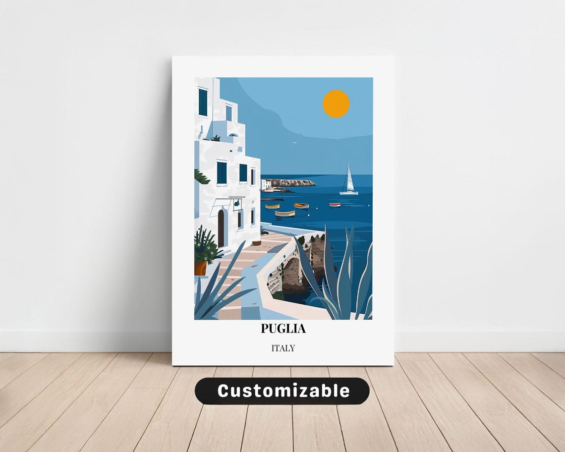 Puglia Italy Seaside Whitewashed Village Vintage Style Travel Poster