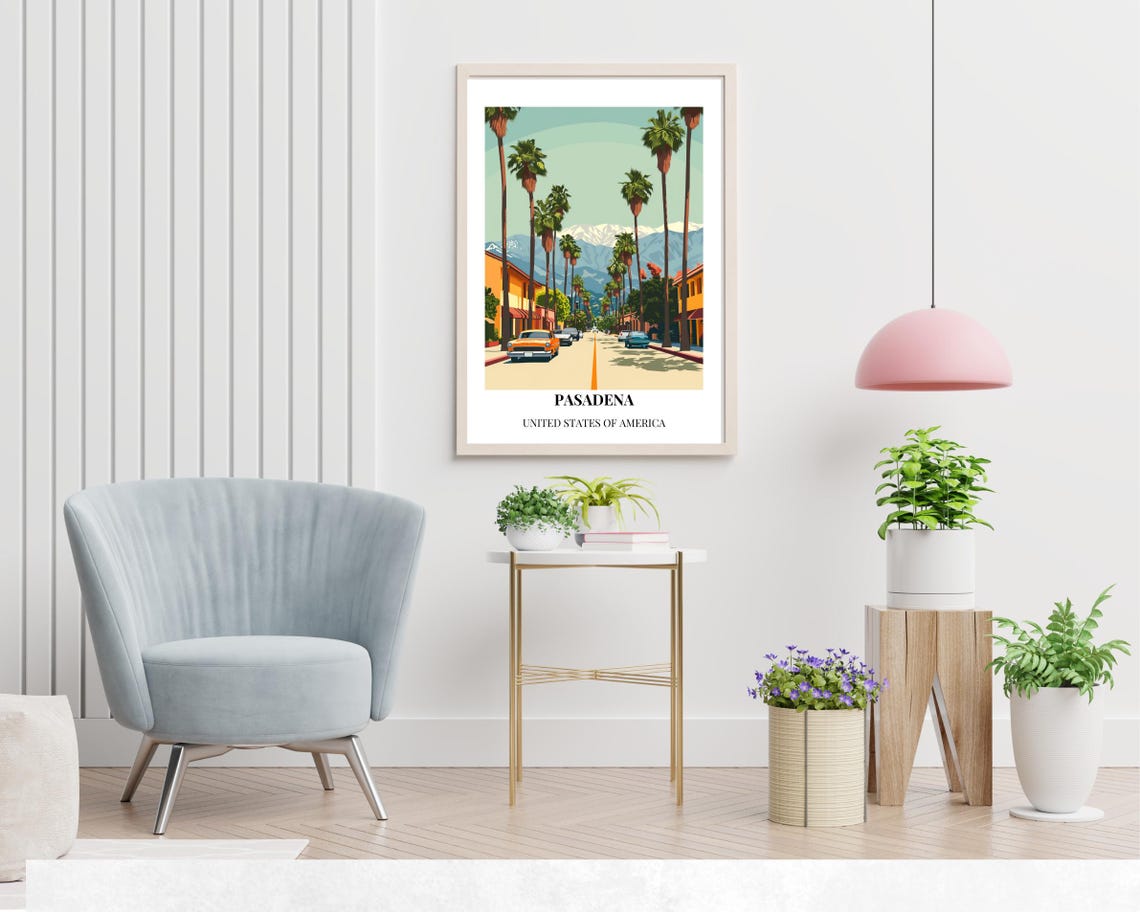 Pasadena California Classic Car Street Palm Trees Vintage Wall Art - Image 2