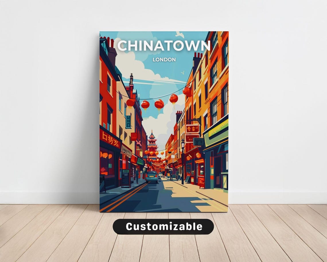 Chinatown London Red Lantern Street Scene Travel Illustration Poster