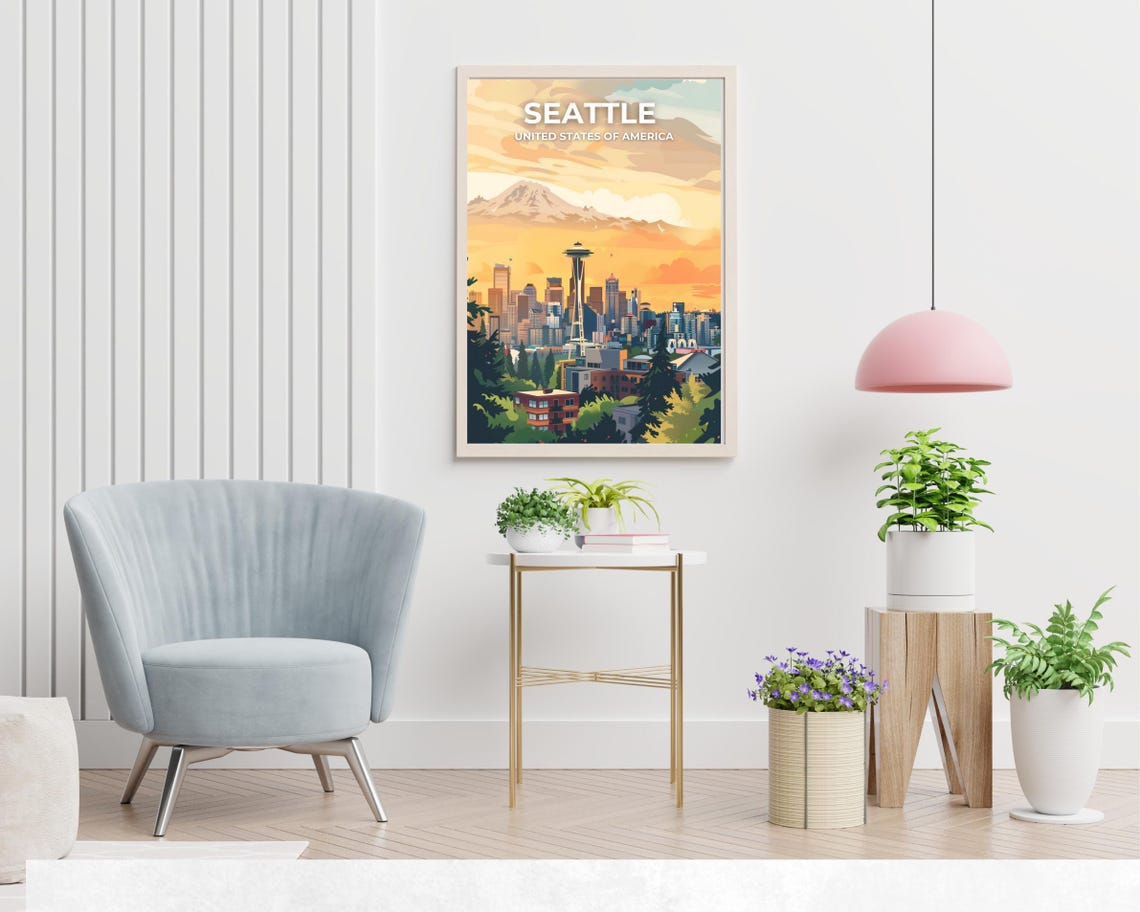 Seattle Space Needle Sunset Skyline On Image Title Travel Poster - Image 2