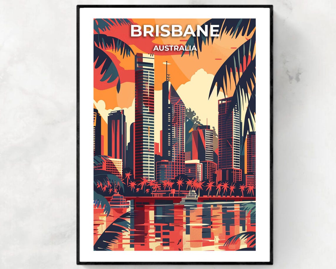 Brisbane Sunset Skyline Palm Trees Queensland Australia Poster