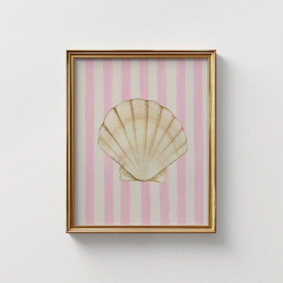 Soft Pink Striped Seashell Art Print, Coastal Cottage