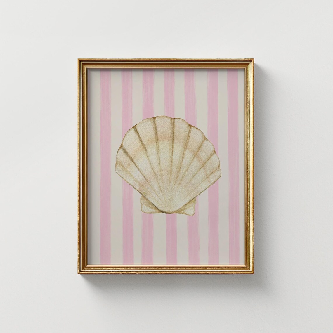 Soft Pink Striped Seashell Art Print, Coastal Cottage
