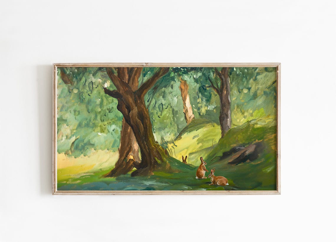 Green Spring Forest Rabbits Under Ancient Tree Vintage Painting Poster