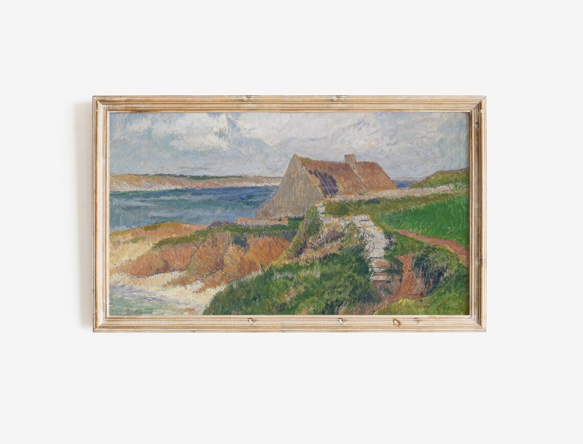 Coastal Stone Cottage Cliff Impressionist Seascape Painting Poster - Image 2