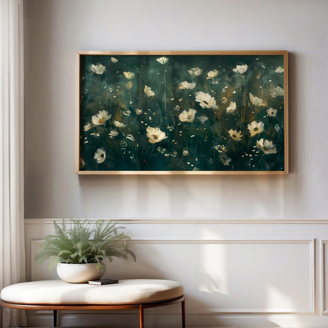 White Cosmos Wildflowers Dark Green Meadow Night Floral Poster - Image 2