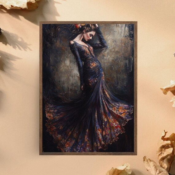 Woman In Flowing Dress Art Print Dark Romantic Art Moody Fashion Illustration Feminine Grace Wall Decor Floral Gown Art