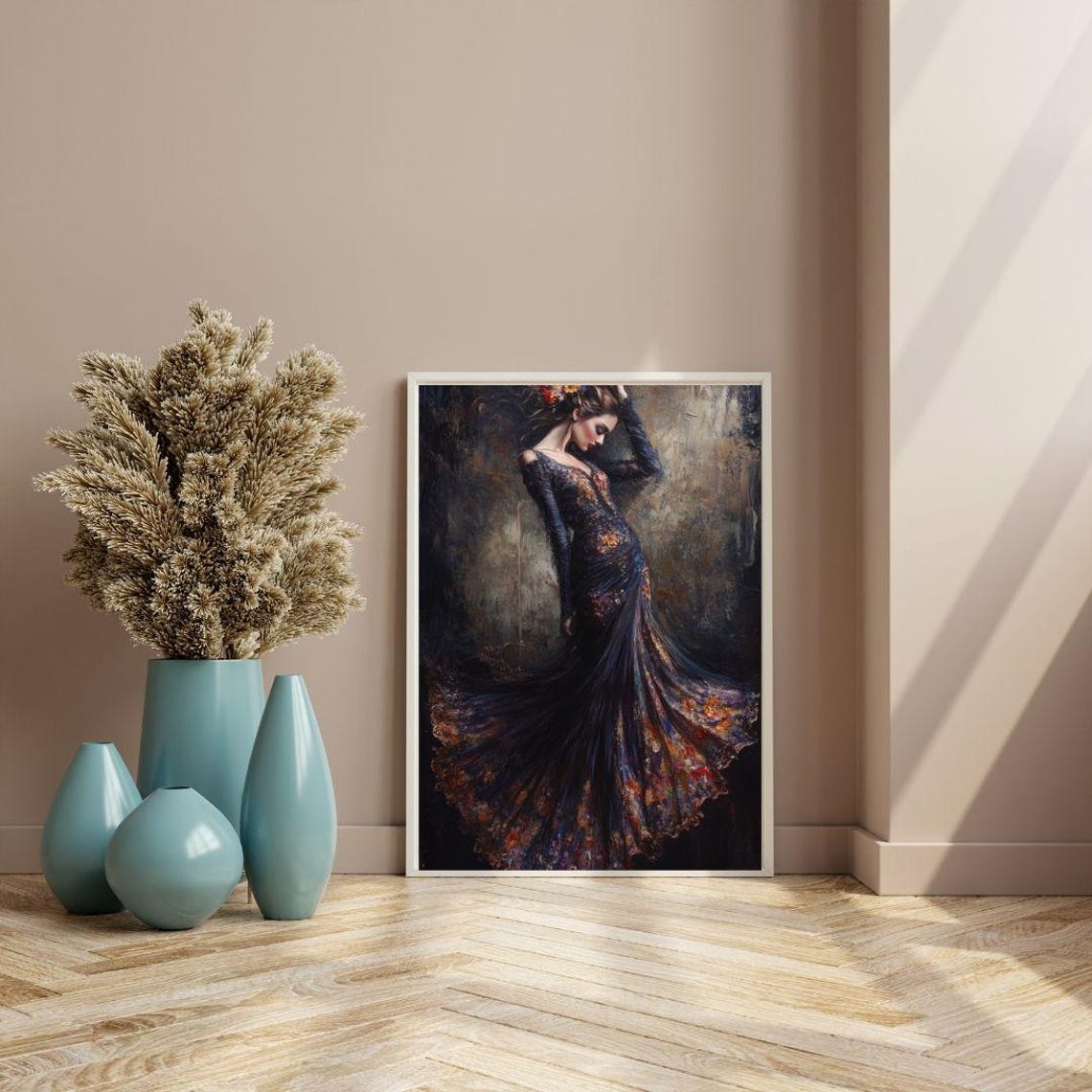 Woman In Flowing Dress Art Print Dark Romantic Art Moody Fashion Illustration Feminine Grace Wall Decor Floral Gown Art - Image 3