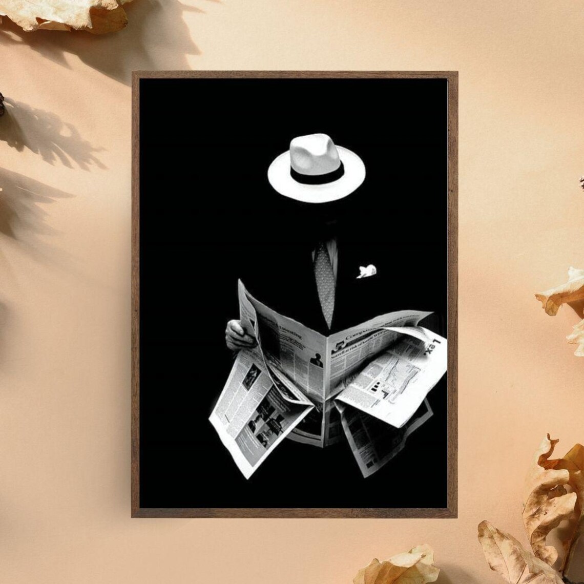Mysterious Man In White Fedora Reading Newspaper Black White Noir Wall Poster