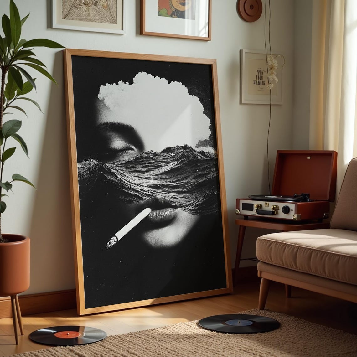 Surreal Ocean Wave Woman Face Black White Abstract Art Poster