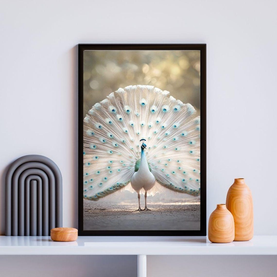 Majestic White Peacock Fanning Iridescent Tail Feathers Nature Poster - Image 2