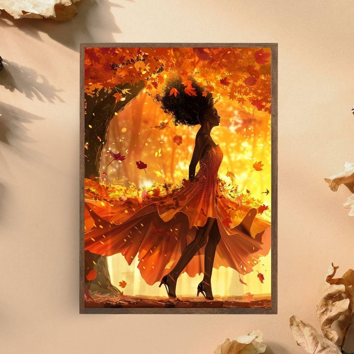 Autumn Woman Art Print Elegant Afro Woman In Fall Leaves Whimsical Fashion Illustration Nature Inspired Wall Art Vibrant Seasonal Decor