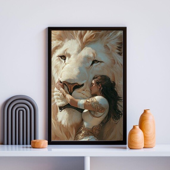White Lion And Woman Ethereal Bond Majestic Animal Harmony Courage Art Poster