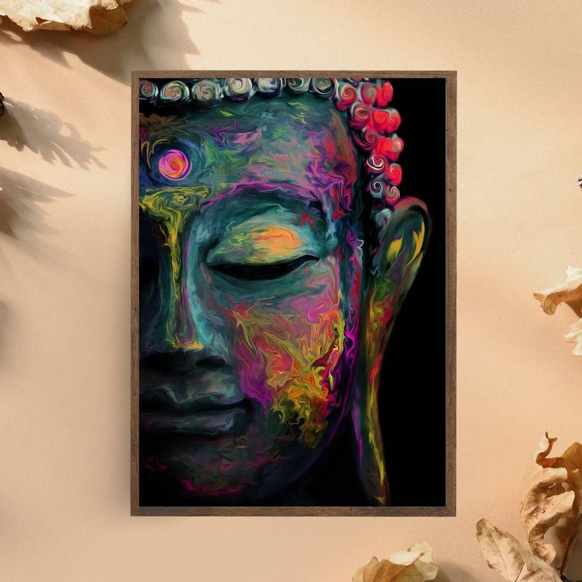 Colorful Abstract Buddha Face Portrait Vibrant Spiritual Zen Poster