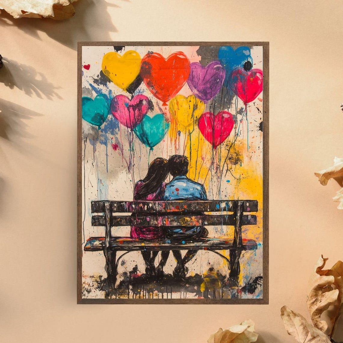 Couple On Bench Heart Balloons Romantic Graffiti Love Art Poster