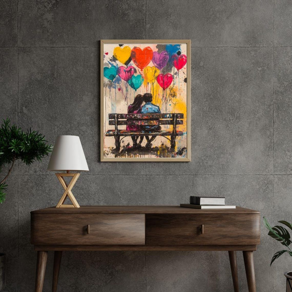 Couple On Bench Heart Balloons Romantic Graffiti Love Art Poster - Image 2