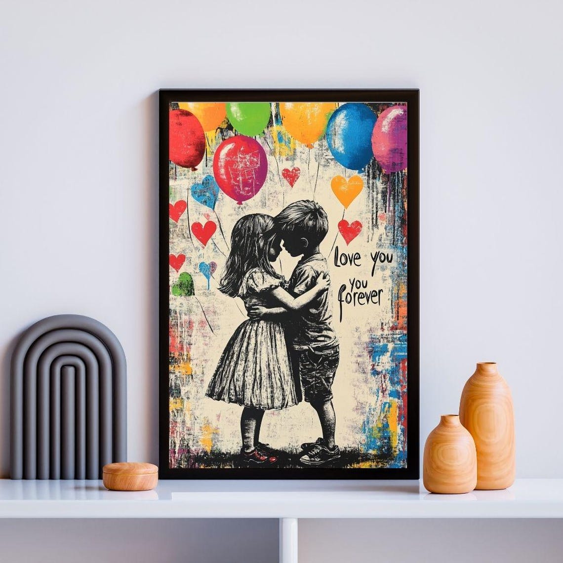 Love You Forever Kids With Balloons Colorful Street Art Poster - Image 2
