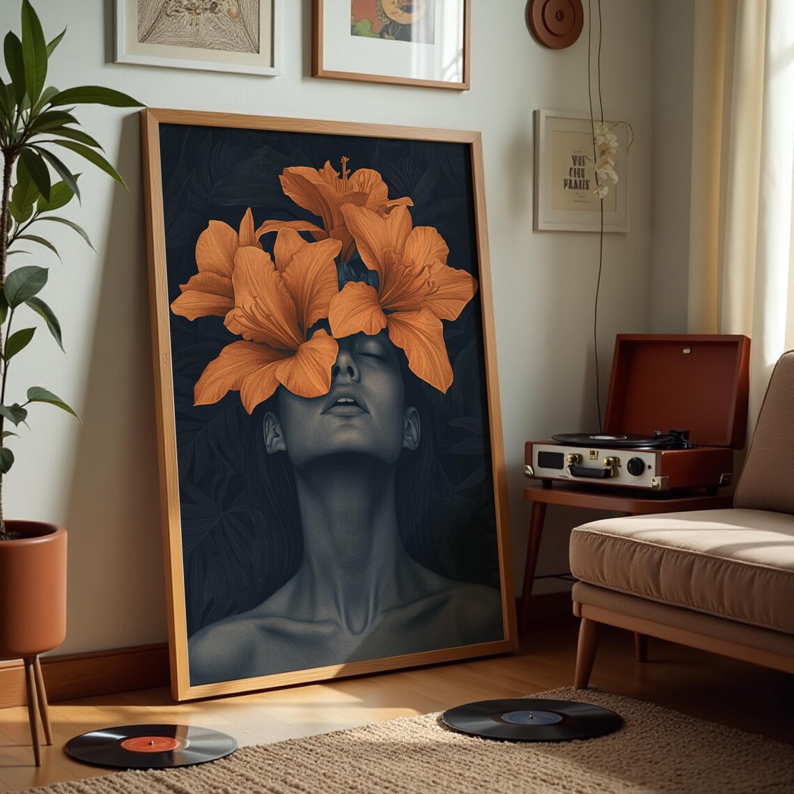 Surreal Woman With Orange Lilies Over Face Dark Floral Art Poster