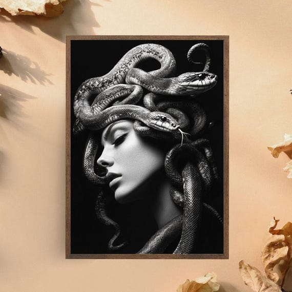 Medusa Art Print Framed Mythological Wall Art Bold Black And White Snake Portrait Dark Fantasy Decor