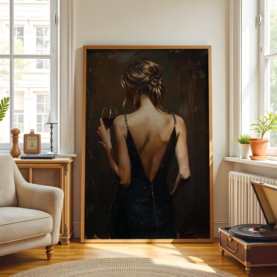Elegant Woman In Black Gown Holding Wine Glass Romantic Evening Poster - Image 3
