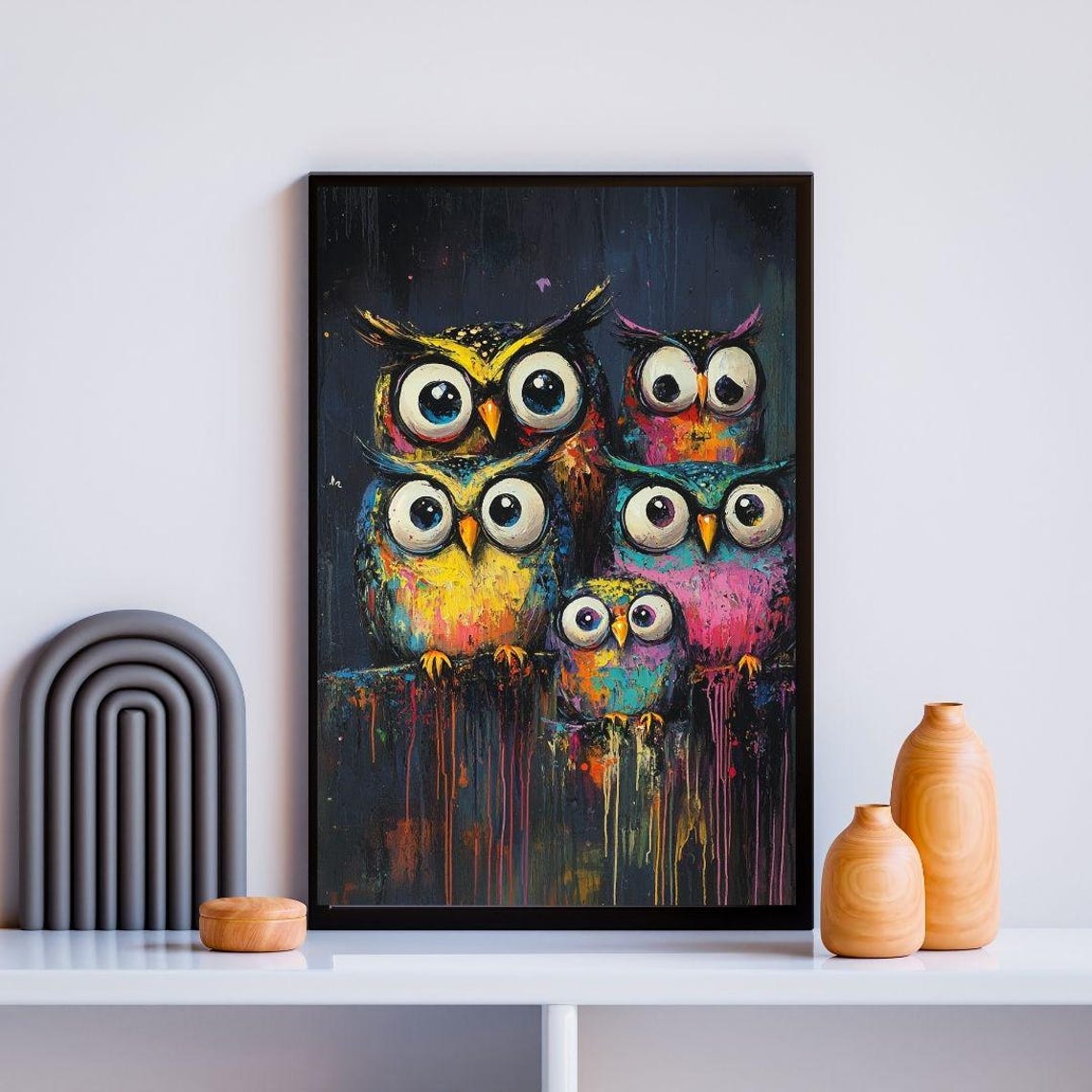 Owl Family Art Print Whimsical Owl Wall Decor Vibrant Owl Painting Cute Family Of Owls Poster Playful Animal Art For Kids Room - Image 2